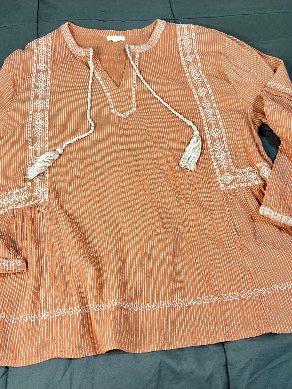 Garnet Hill Cotton Rusty Coral Embroidery Pleated Striped Tassel Peasant Top 18 - Picture 7 of 12
